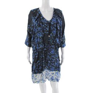 Preen Line Women Silk Blouson Floral V-Neck Short Dress 3/4 Sleeve Black Size S